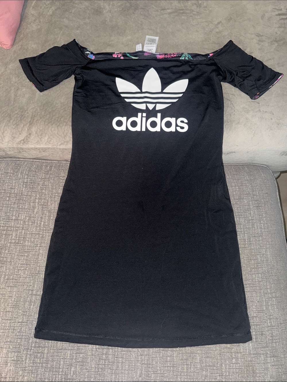 adidas Black One-Shoulder Trefoil Logo Dress with Floral Trim